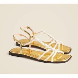 J.Crew Knotted Rope Flat Sandals Gold Metallic White Strappy CJ842 Womens 8.5